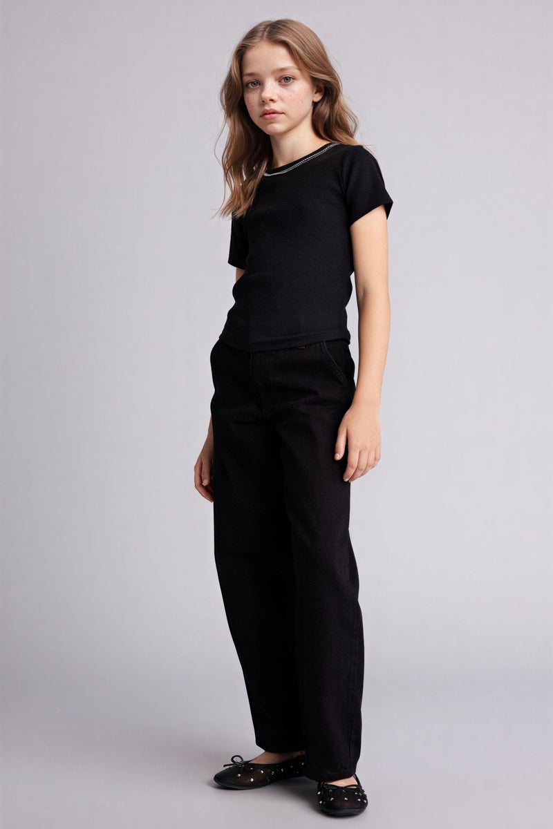 ديفاكتو تيشيرت بناتي نص كم مضلع بياقة مستديرة - Image 2